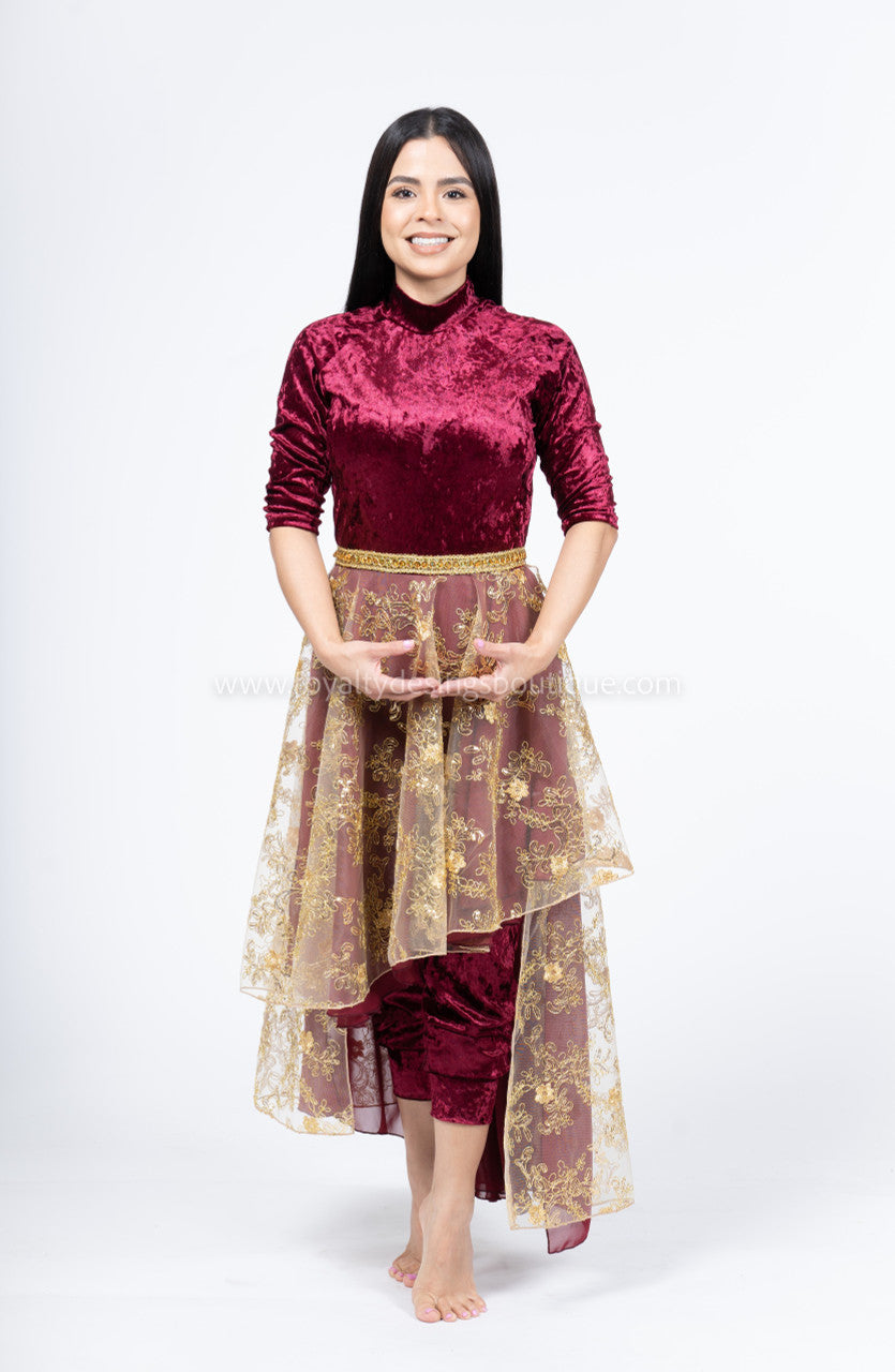 Light Weight Burgundy Velvet 3/4 Sleeve Unitard with an attached Lace Asymmetrical Skirt