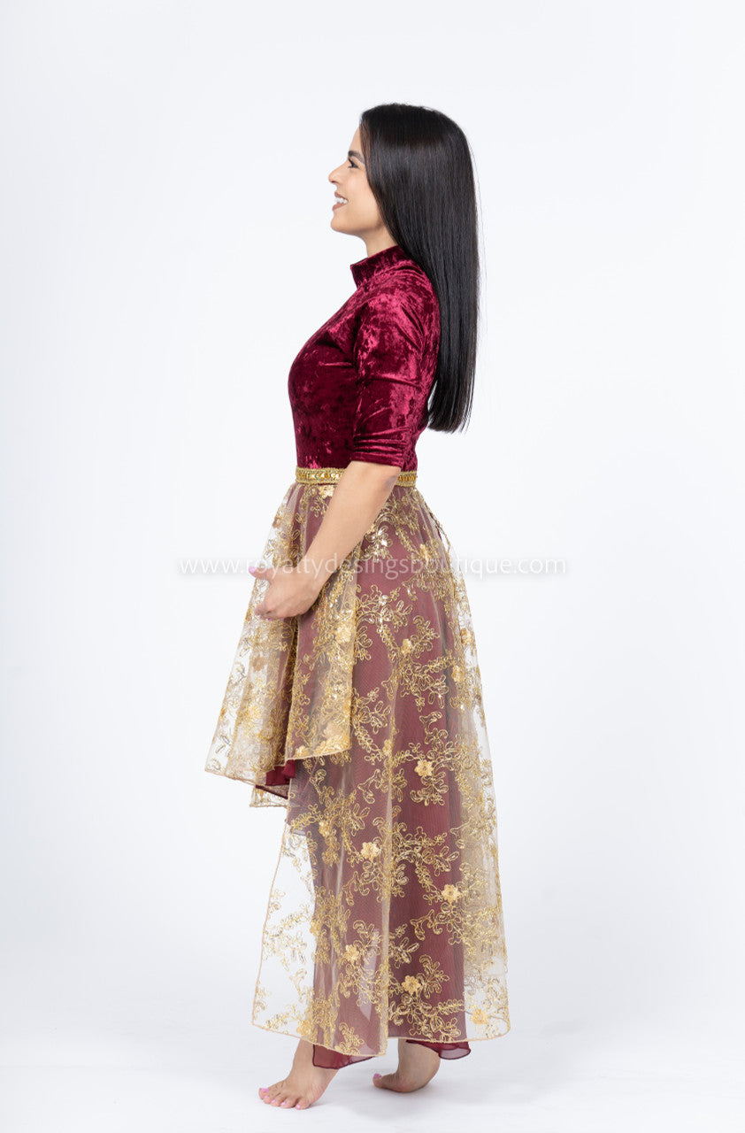 Light Weight Burgundy Velvet 3/4 Sleeve Unitard with an attached Lace Asymmetrical Skirt