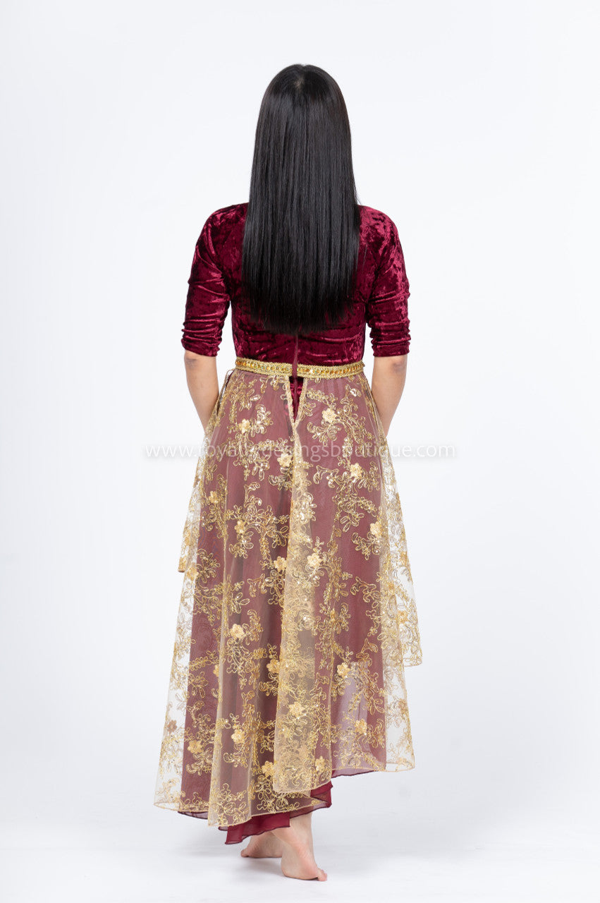 Light Weight Burgundy Velvet 3/4 Sleeve Unitard with an attached Lace Asymmetrical Skirt