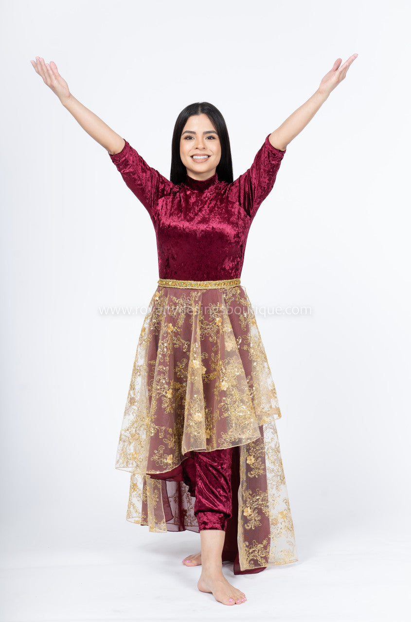 Light Weight Burgundy Velvet 3/4 Sleeve Unitard with an attached Lace Asymmetrical Skirt