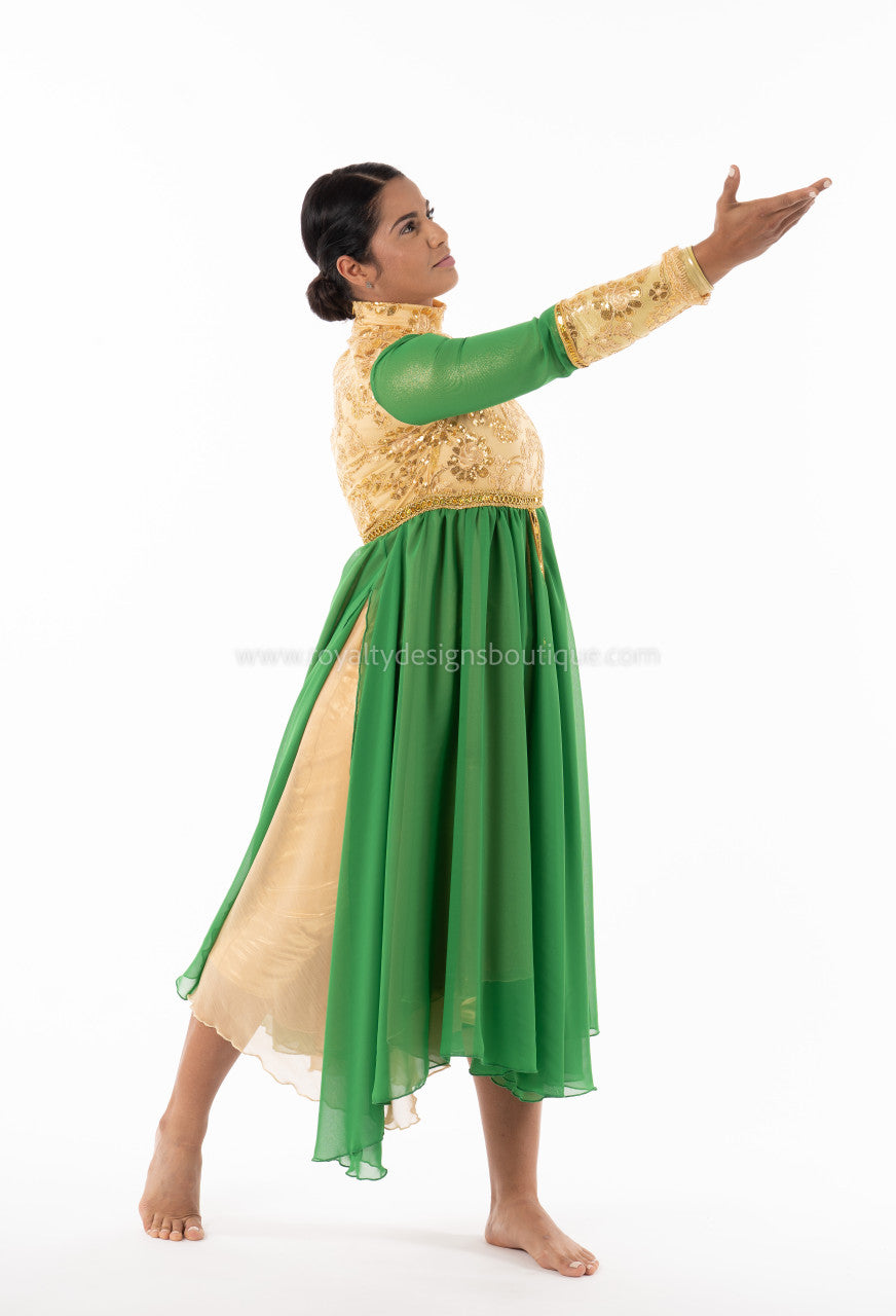 PRINCESS Collection Hi Waist Gold and Green Chiffon Elegant Garment Dress