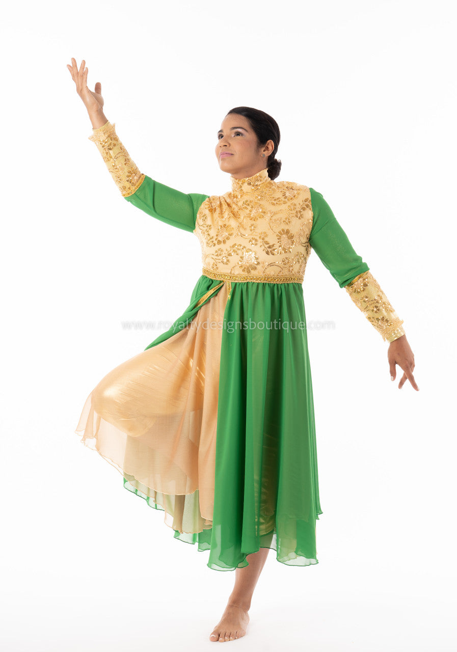 PRINCESS Collection Hi Waist Gold and Green Chiffon Elegant Garment Dress