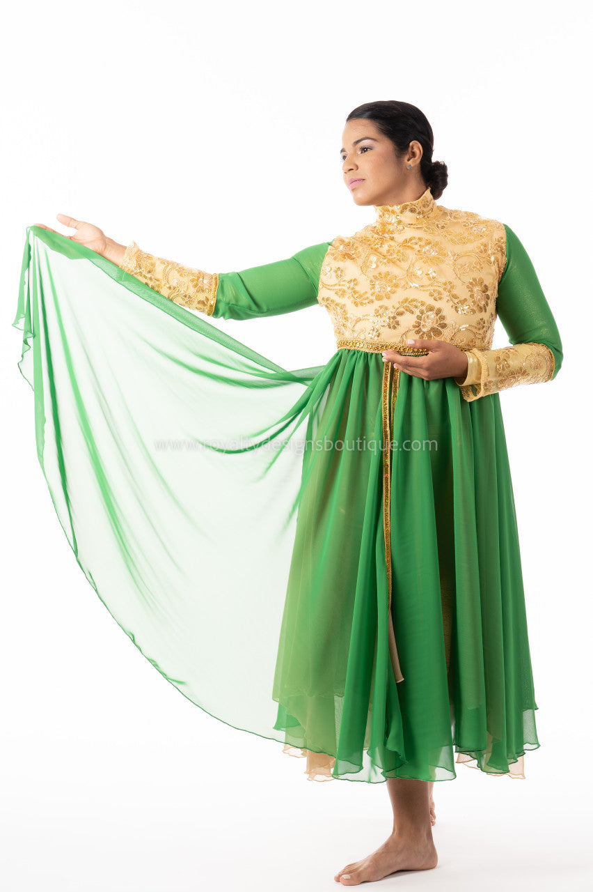 PRINCESS Collection Hi Waist Gold and Green Chiffon Elegant Garment Dress