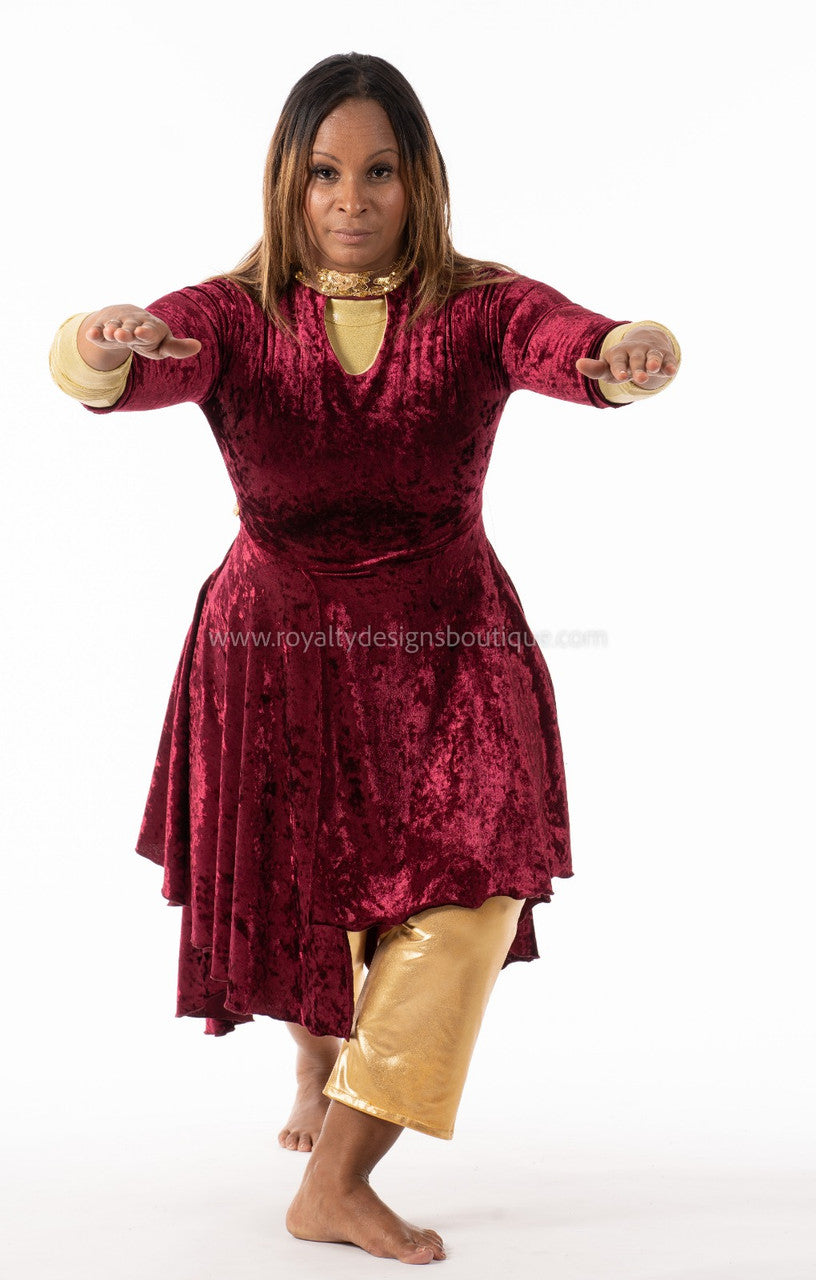 * Dance Dress 'MAJESTY' / Burgundy and Gold Light Velvet Praise Dance Tunic Dress