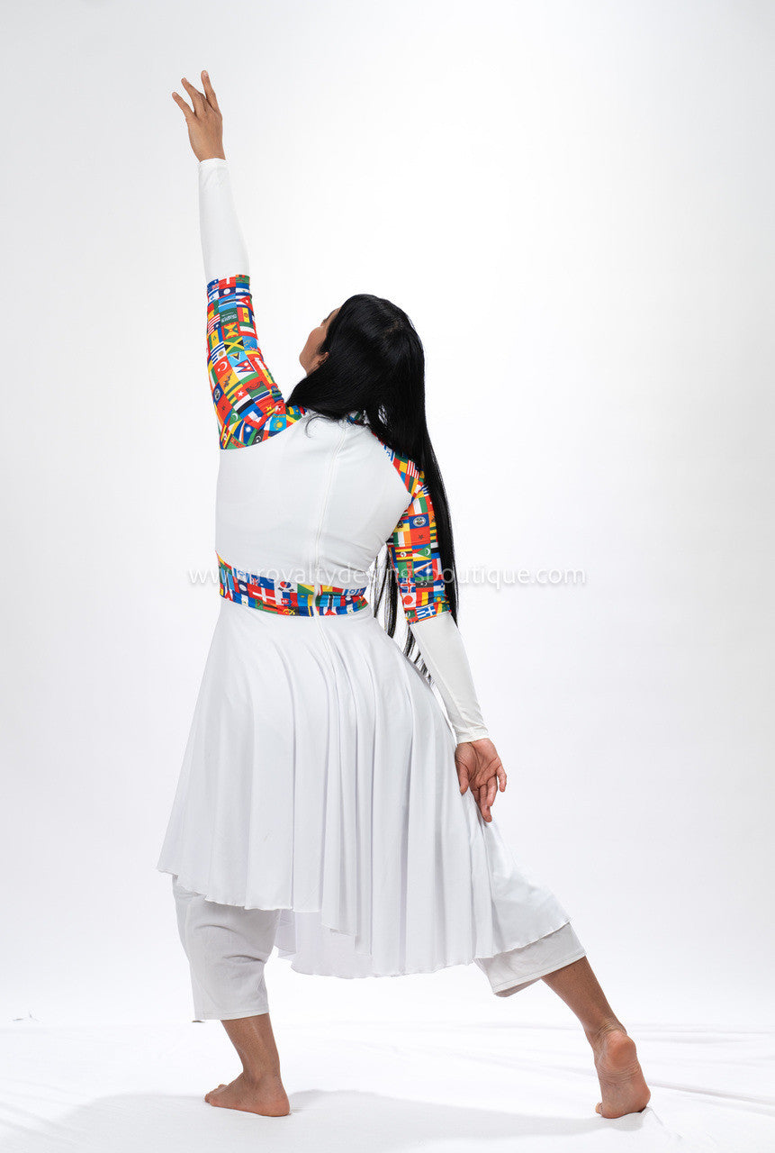 White Praise Dance Tunic with Nations flag print in high quality lycra fabric available for kids and adults