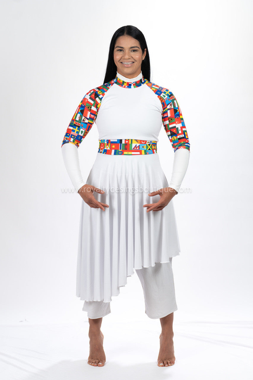 White Praise Dance Tunic with Nations flag print in high quality lycra fabric available for kids and adults