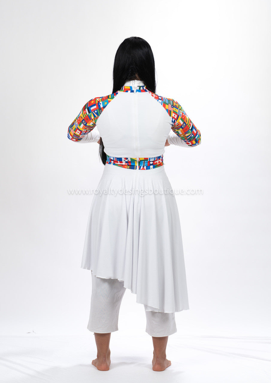 White Praise Dance Tunic with Nations flag print in high quality lycra fabric available for kids and adults