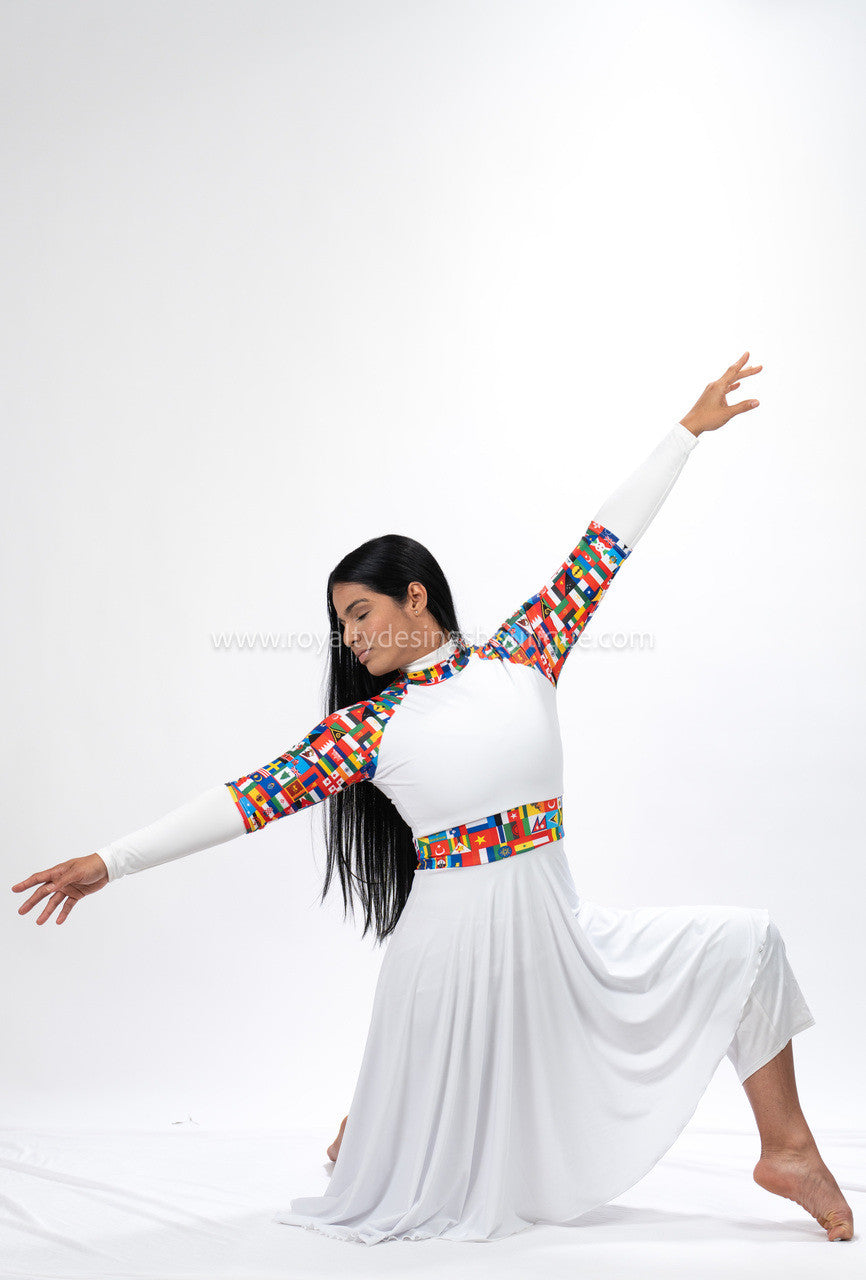 White Praise Dance Tunic with Nations flag print in high quality lycra fabric available for kids and adults