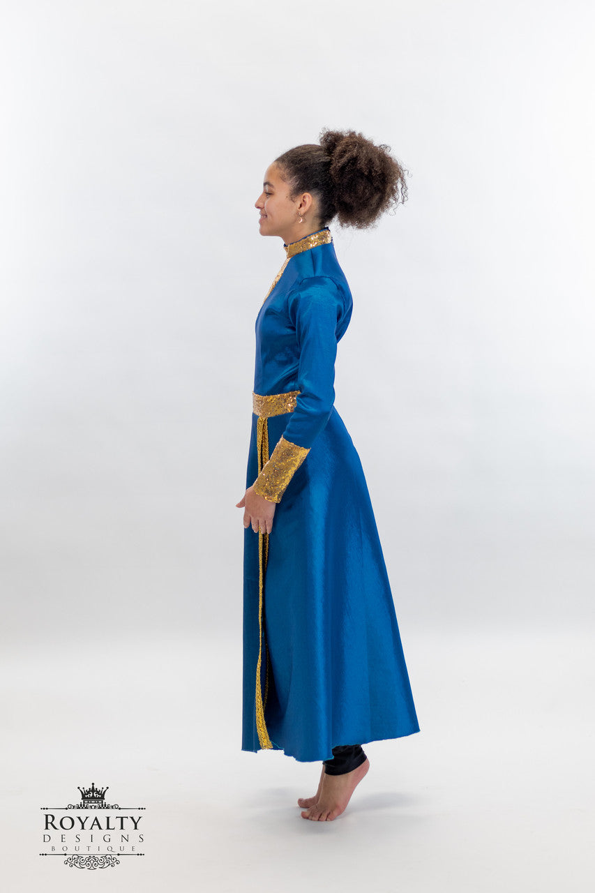 Avivamiento Matrix Long Peacock Blue & Gold one sleeve Tunic