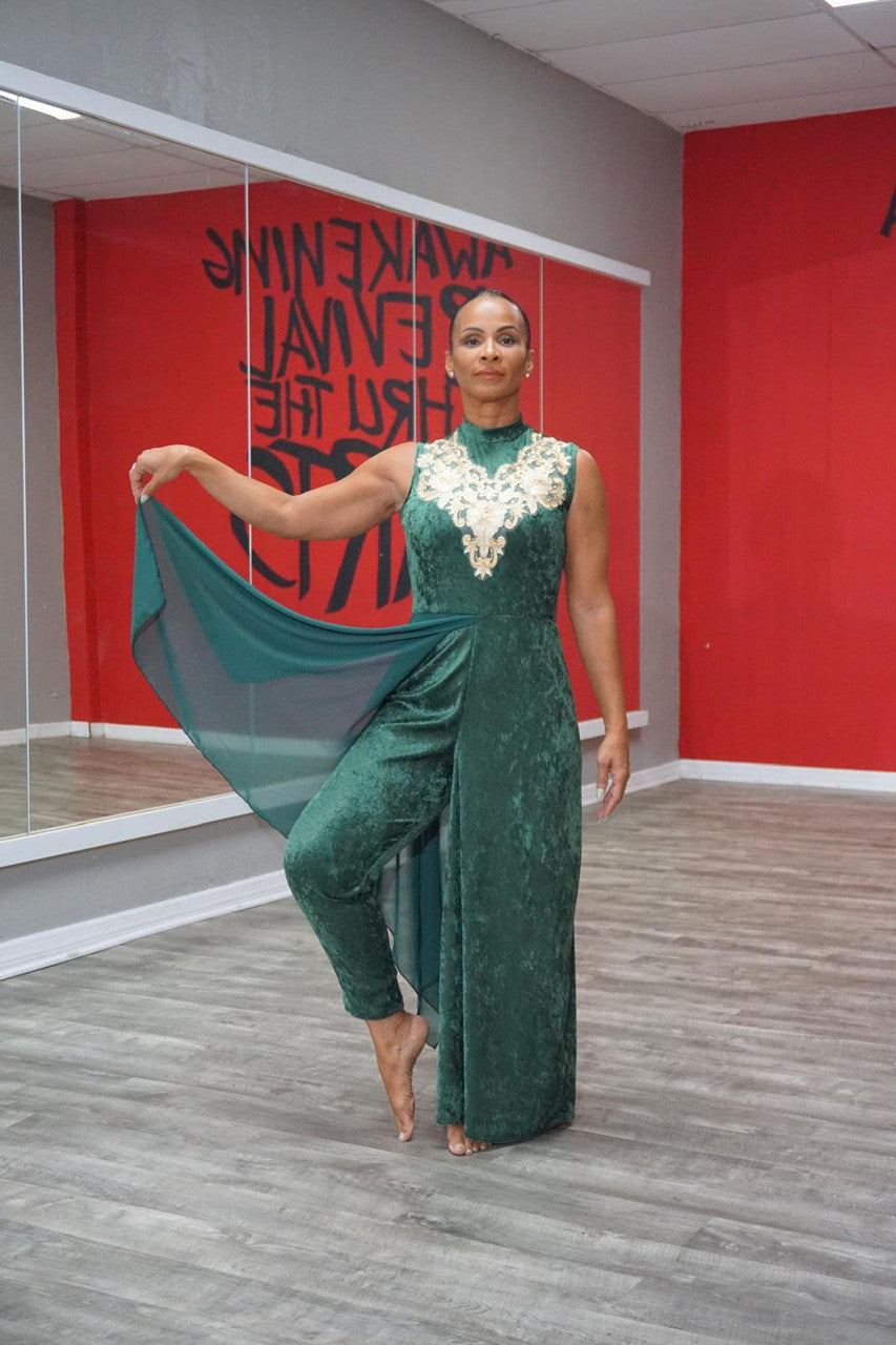 EMPORIUM COLLECTION : Modern Green soft light velvet Dance unitard with attached chiffon over lay and gold decor