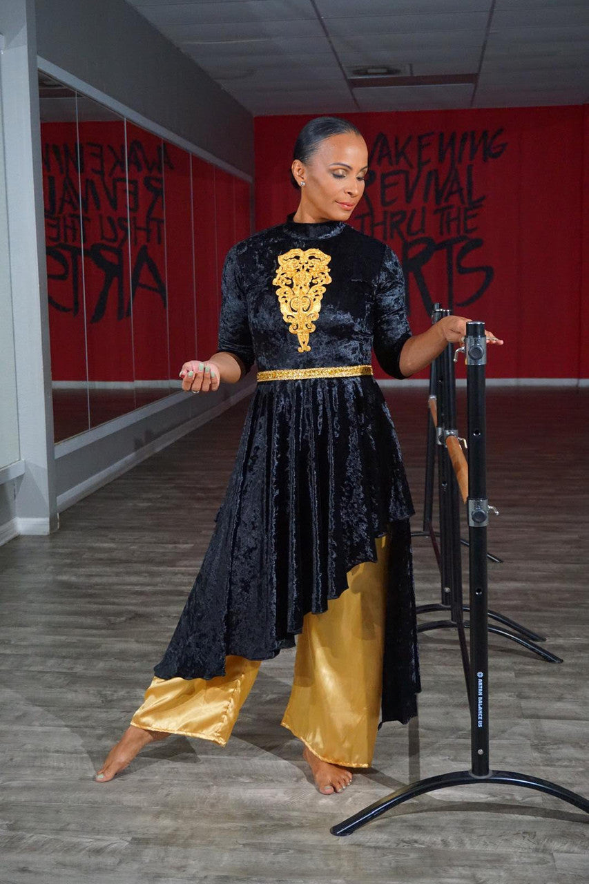 EMPORIUM COLLECTION : Elegant Black velvet Dance Tunic with gold decor.