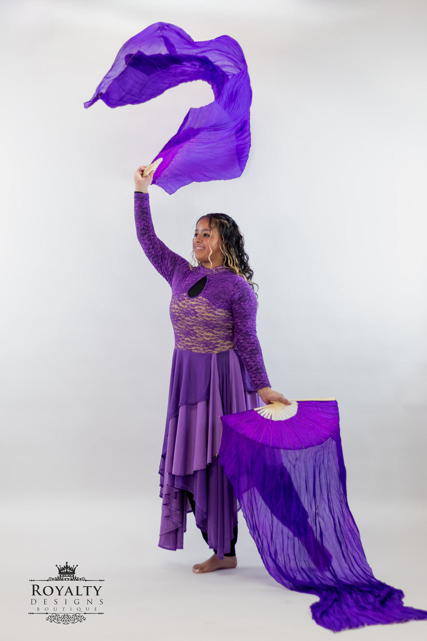 PURPLE Fans - 1 Pair(Left+Right) Women Real Silk Praise Dance Fan Veil, Length 180cm Width 90cm